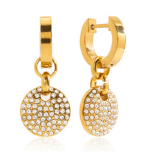 Load image into Gallery viewer, Golden stainless steel white diamond round pendant earrings