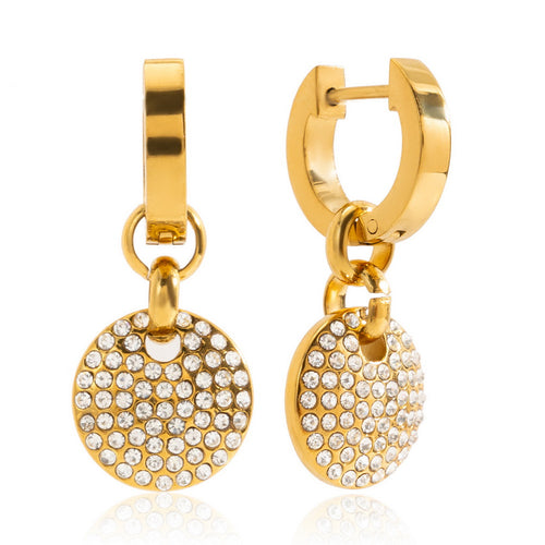 Golden stainless steel white diamond round pendant earrings
