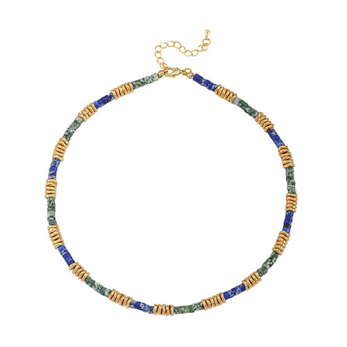 A hand-beaded necklace made of colored natural stone