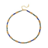 A hand-beaded necklace made of colored natural stone