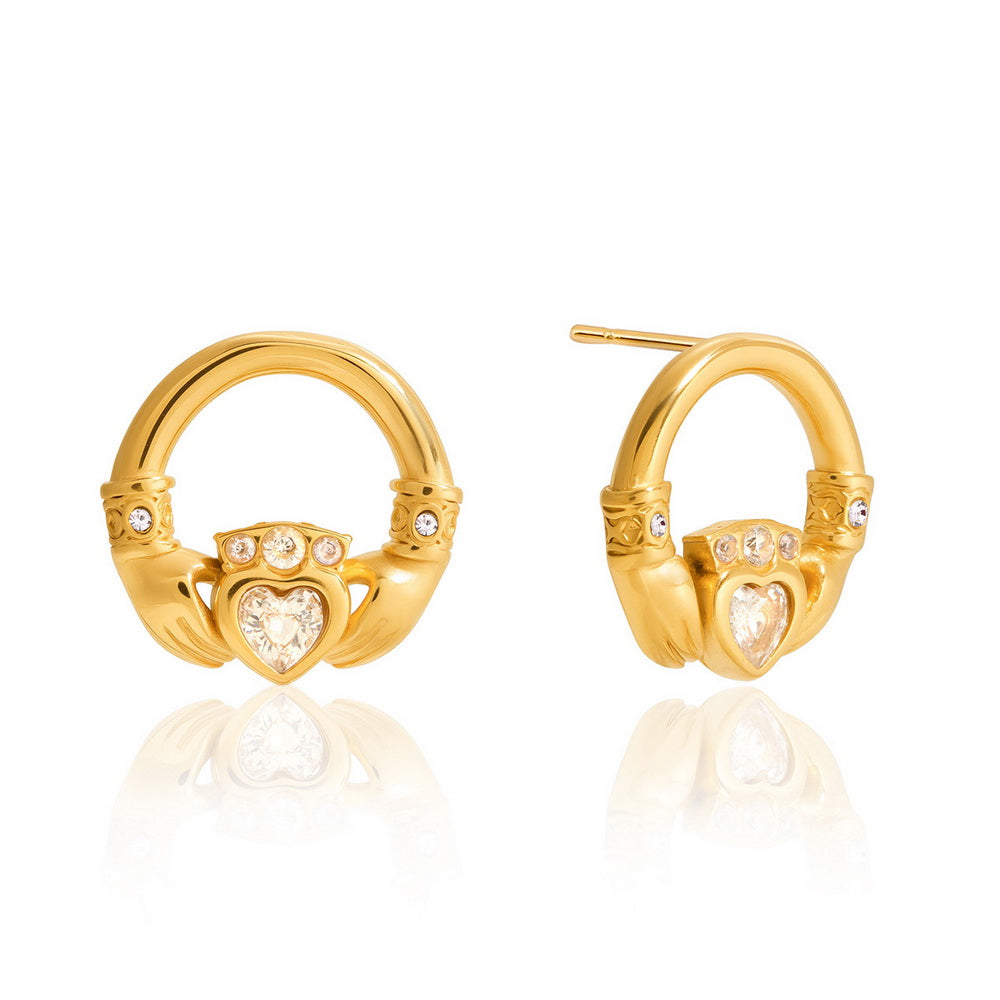 Stainless steel zirconium-inlaid friendship hand round stud earrings