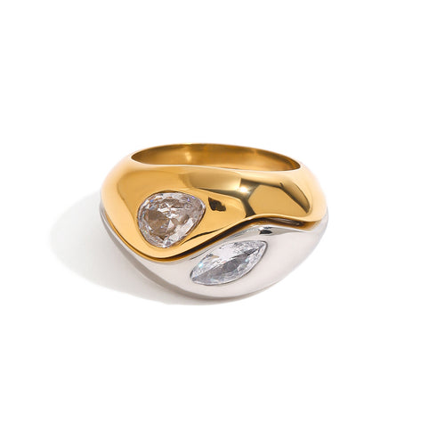 Stainless steel gold steel ring with zirconium inlay