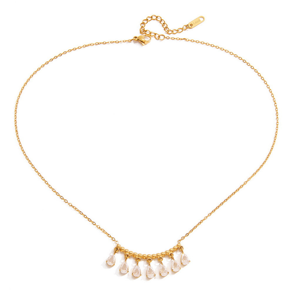 Golden stainless steel teardrop-shaped zircon necklace