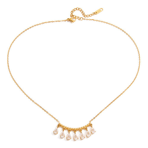 Golden stainless steel teardrop-shaped zircon necklace