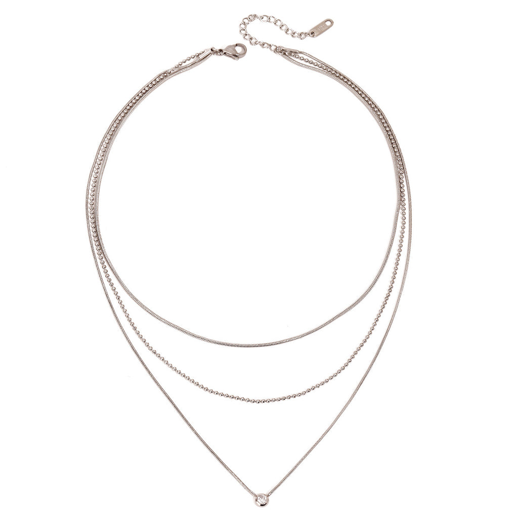 Three-layer titanium steel white rhinestone pendant necklace