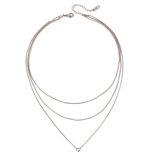 Three-layer titanium steel white rhinestone pendant necklace