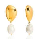 Golden stainless steel pearl pendant earrings