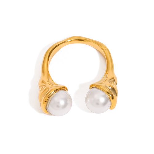 18K gold imitation pearl stainless steel open ring