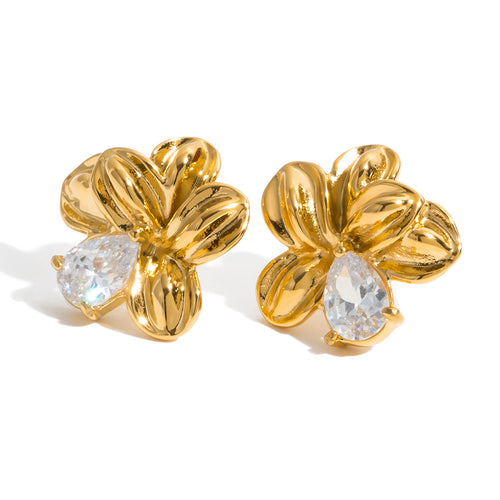 Golden stainless steel flower white zircon earrings and stud earrings