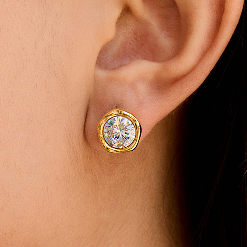 18K gold stainless steel round white zircon earrings