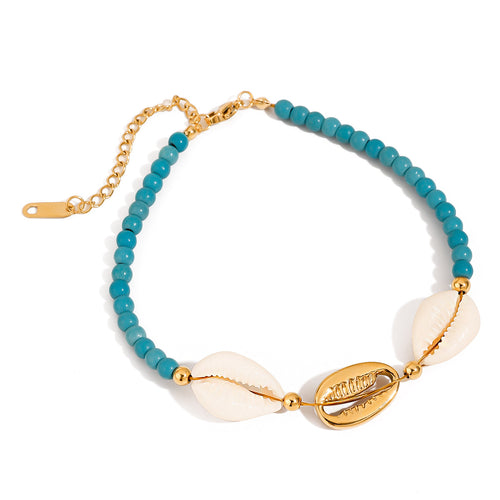 Stainless steel shell synthetic turquoise beaded anklets