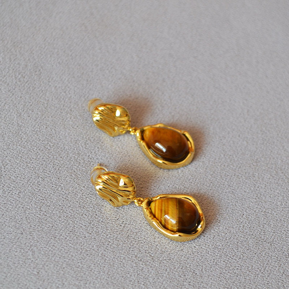 Water-drop tiger's eye stone brass gold-plated earrings