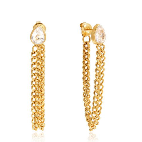 Stainless steel zircon chain tassel earrings