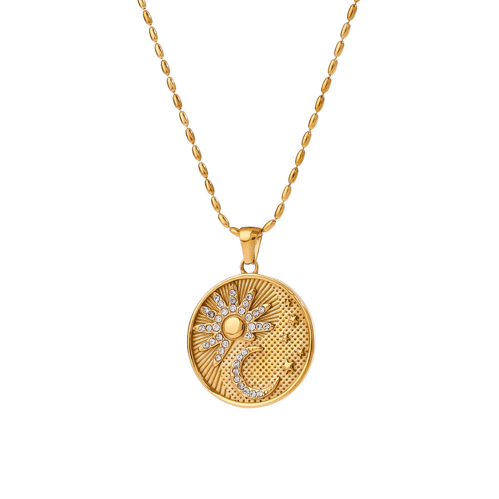 18K gold stainless steel Sun, Moon and diamond set pendant necklace