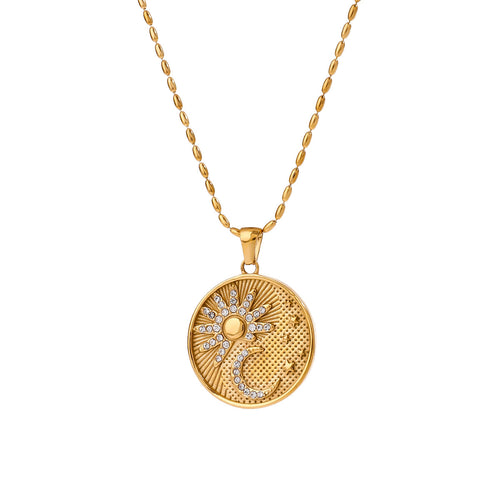 18K gold stainless steel Sun, Moon and diamond set pendant necklace