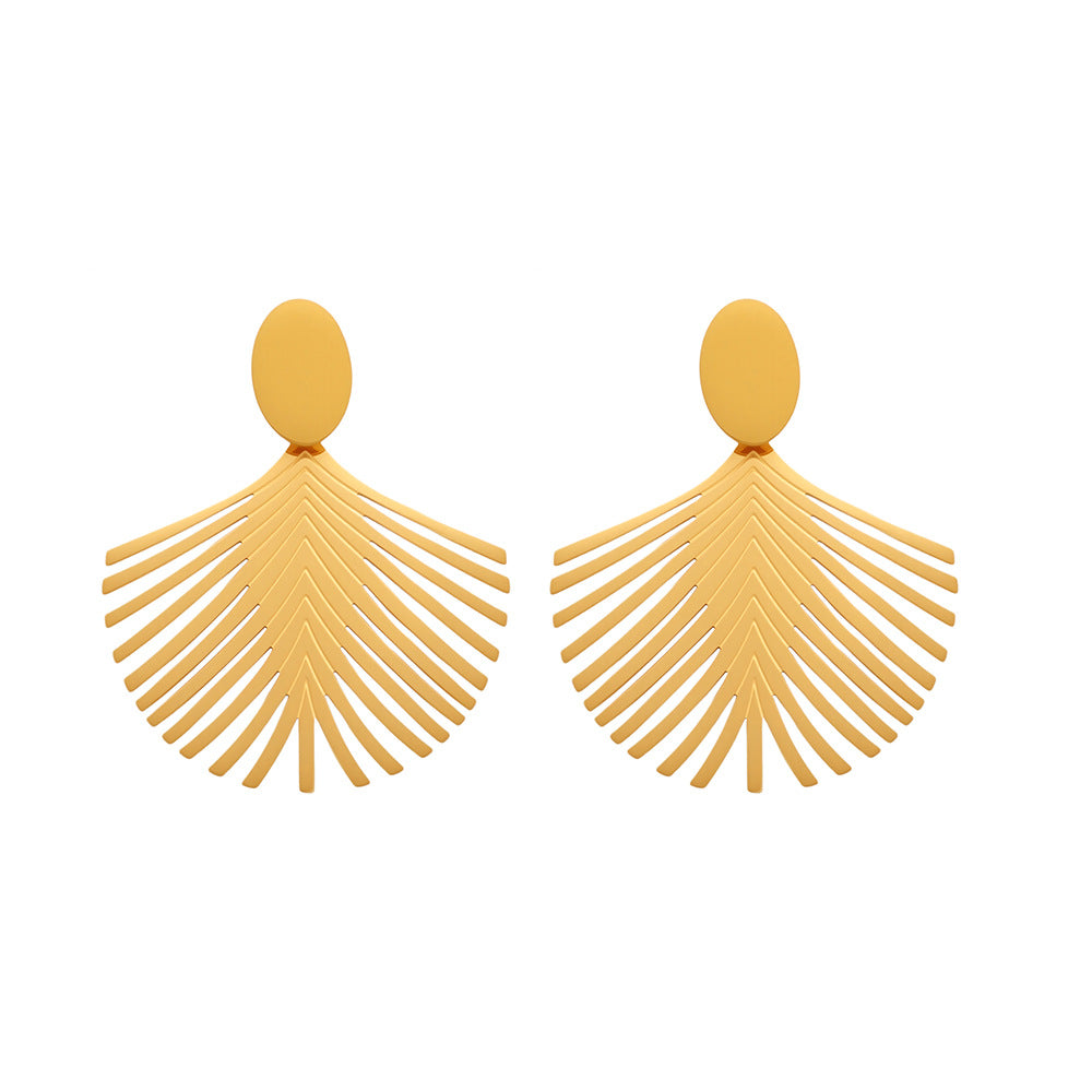 Golden stainless steel ocean beach leaf tree texture earrings