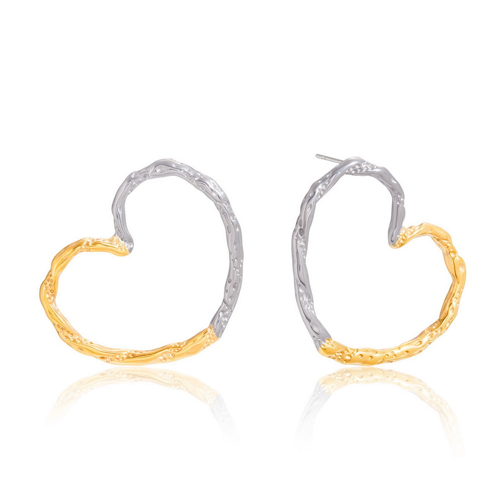 Gold and silver color-matched stainless steel heart-shaped exaggerated ear studs