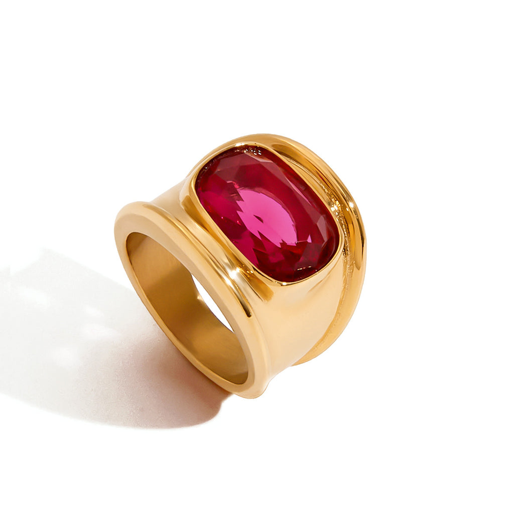 Stainless steel rose red zircon ring