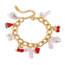 Load image into Gallery viewer, Imitation pearl cherry watermelon pendant stainless steel bracelet