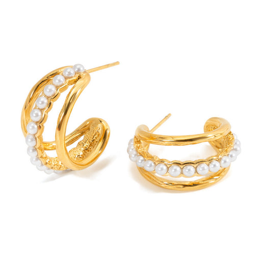 Stainless steel pearl C-shaped earrings