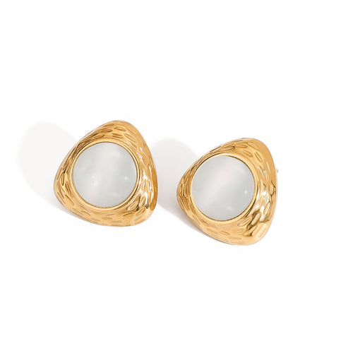 Triangular hammer-patterned round cat's eye stainless steel stud earrings
