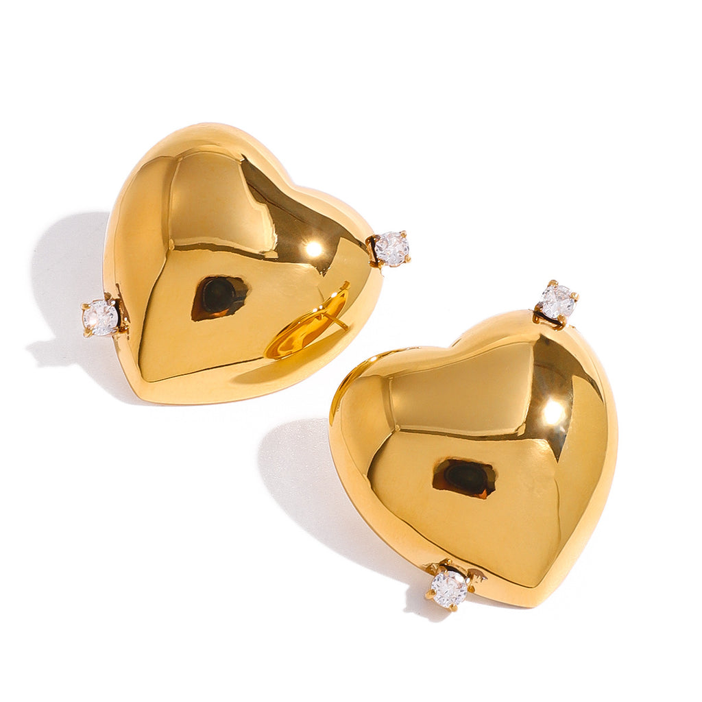 Stainless steel 18K gold heart-shaped smooth diamond-encrusted earrings