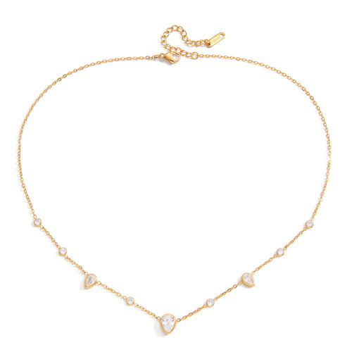 Stainless steel electroplated 18K gold white teardrop zircon necklace