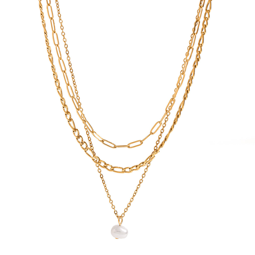 Stainless steel pearl multi-layered necklace