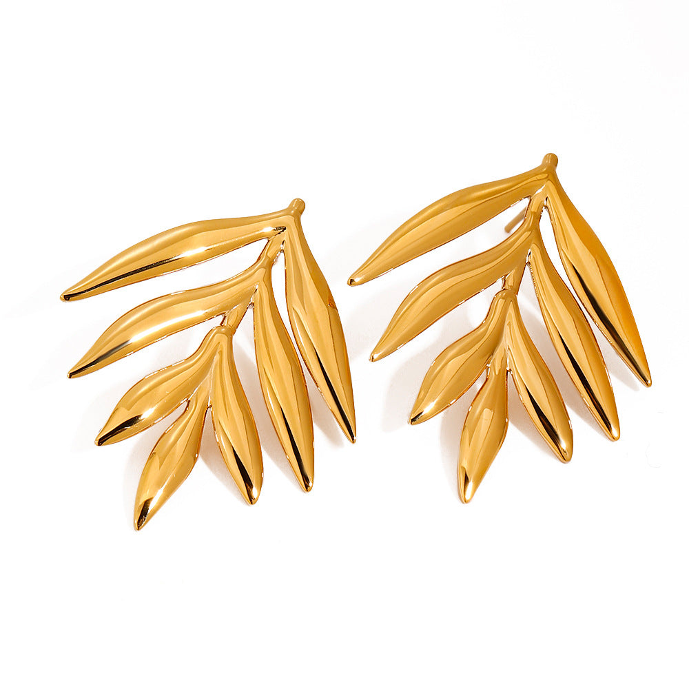 18K gold stainless steel glossy leaf earrings