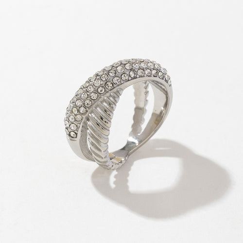 Stainless steel diamond-encrusted X-cross texture ring