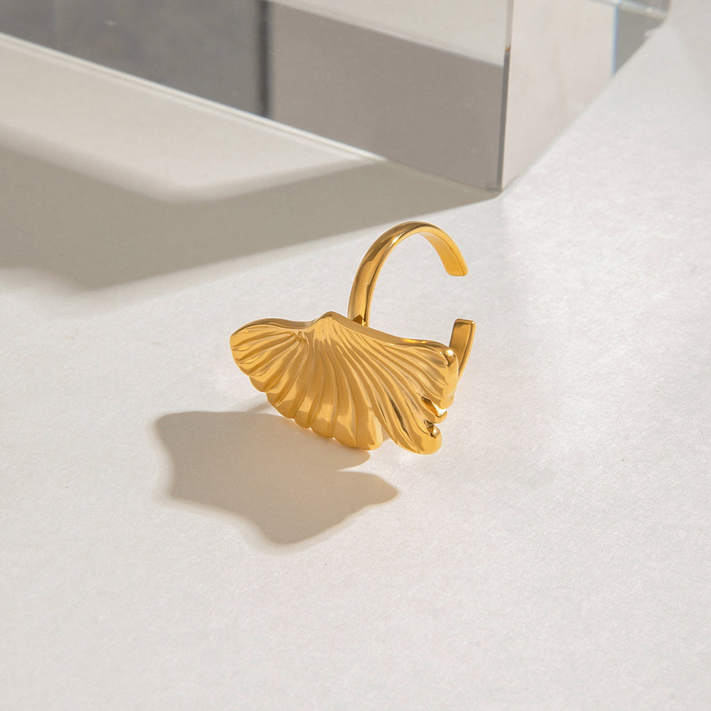 Golden stainless steel ginkgo leaf open ring