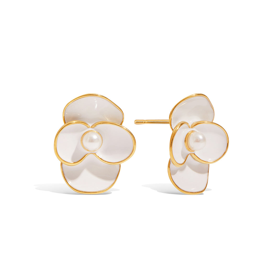 Stainless steel oil-dripping white flower pearl earrings