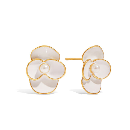 Stainless steel oil-dripping white flower pearl earrings