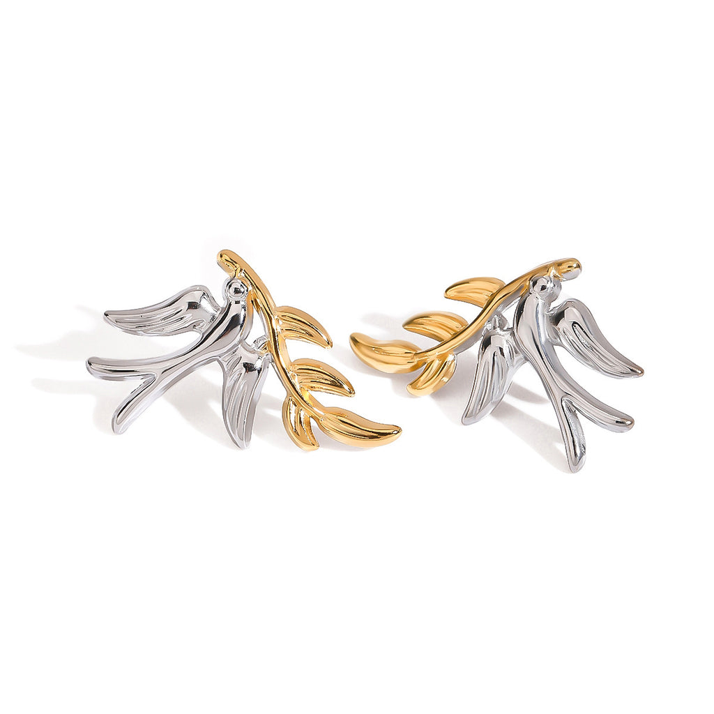 Stainless steel gold and silver color-matched dove leaf earrings
