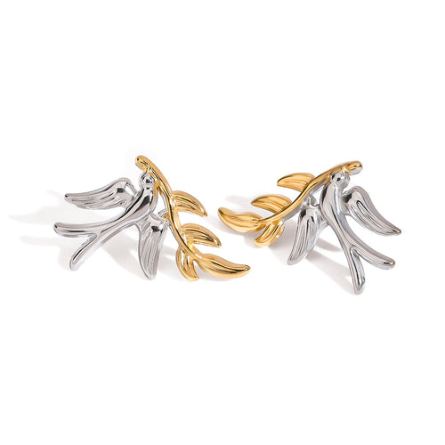 Stainless steel gold and silver color-matched dove leaf earrings