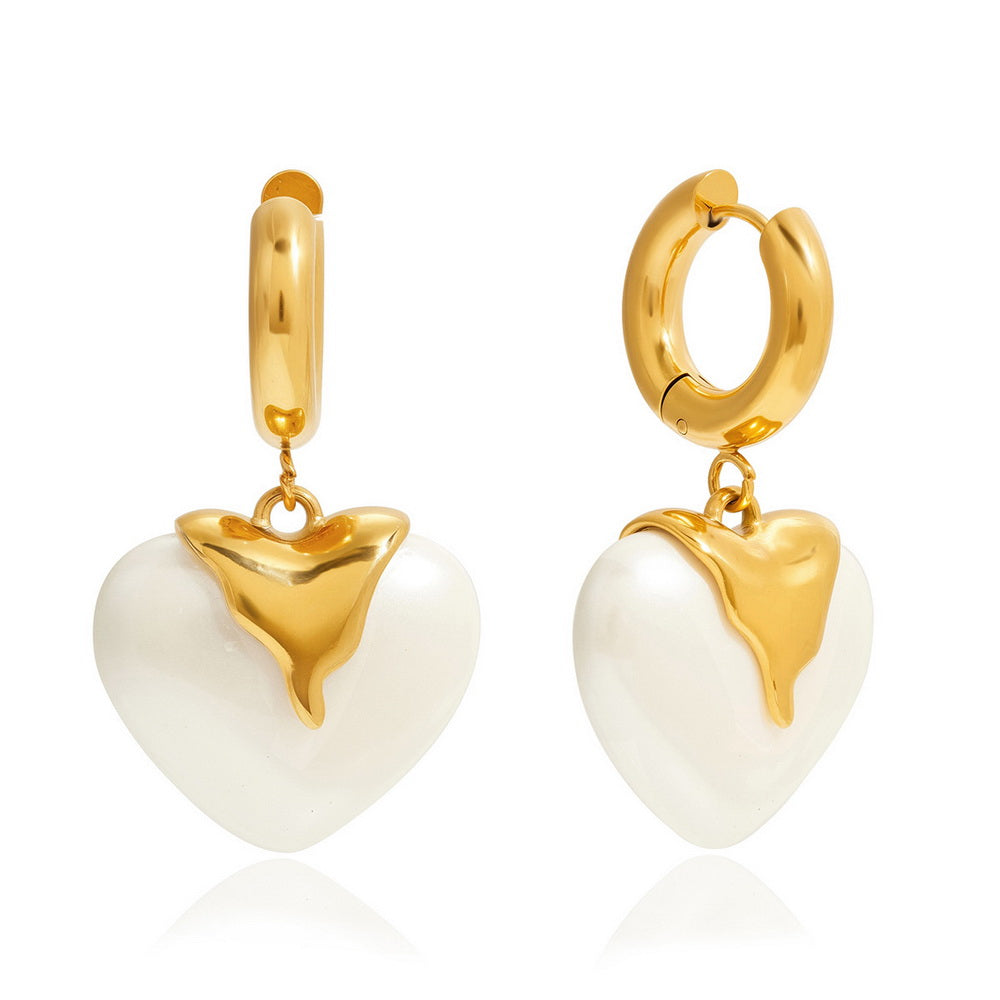 Heart-shaped resin pearl pendant stainless steel earrings