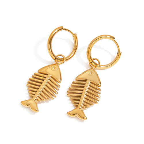 Golden stainless steel fishbone pendant earrings