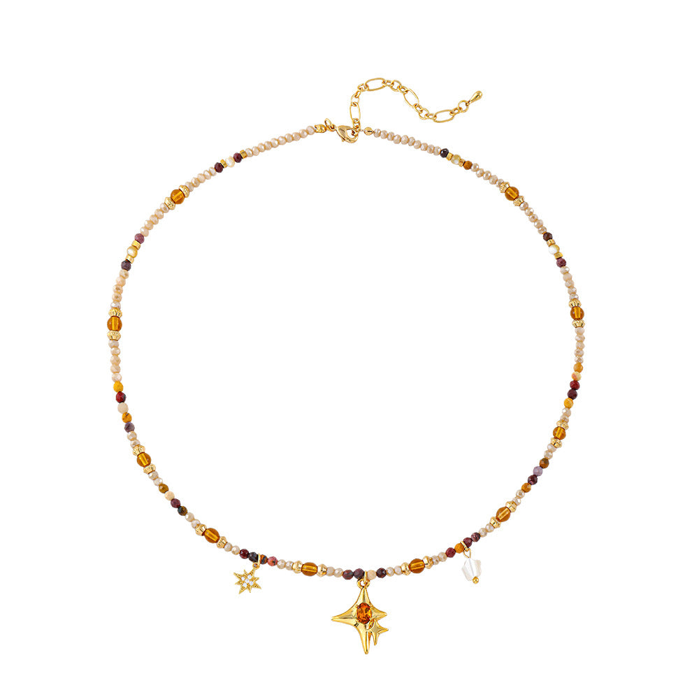 Colored natural stone beaded starburst pendant necklace