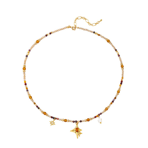 Colored natural stone beaded starburst pendant necklace