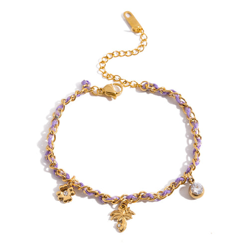 18K gold stainless steel with white diamond four-leaf clover coconut tree pendant purple rope bracelet