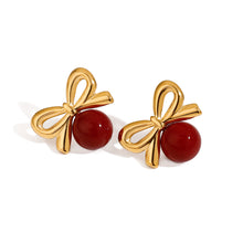 Load image into Gallery viewer, Stainless steel red glass bead bow earrings
