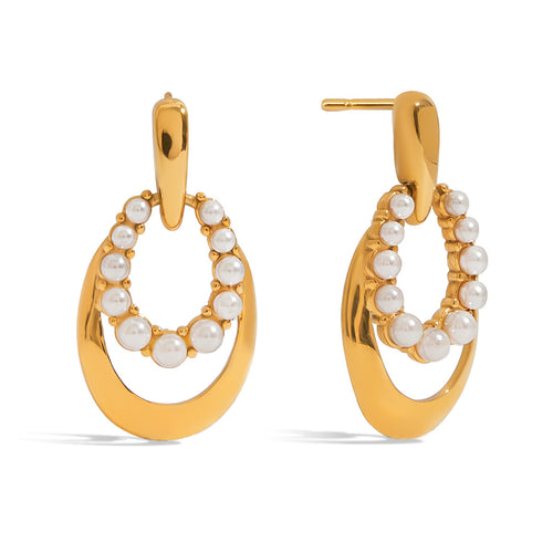Golden stainless steel pearl earrings