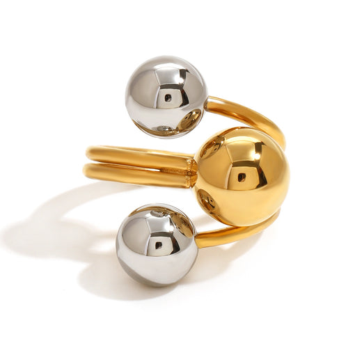 Stainless steel, gold and silver color-matched three-layer line steel ball open ring