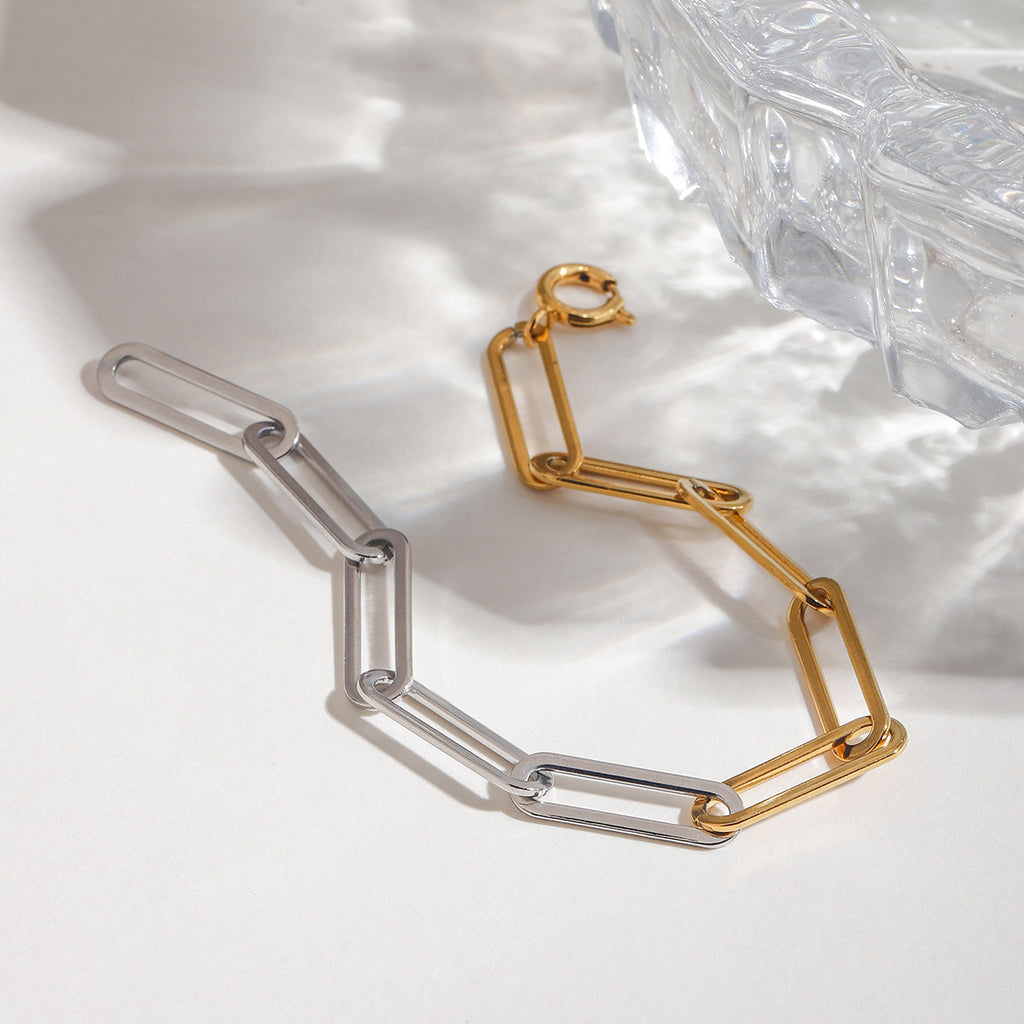 Stainless steel gold and silver color-matched paperclip chain bracelet
