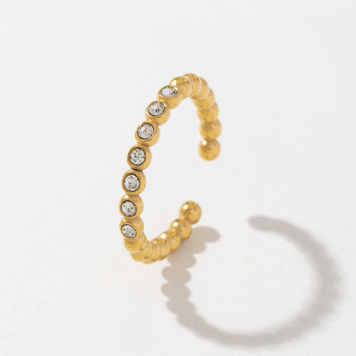 Stainless steel diamond-encrusted round bead open ring