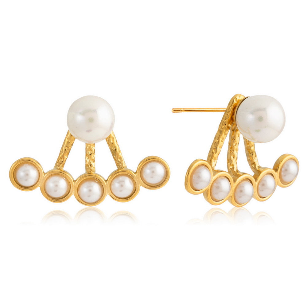 Golden stainless steel rear-hanging pearl stud earrings