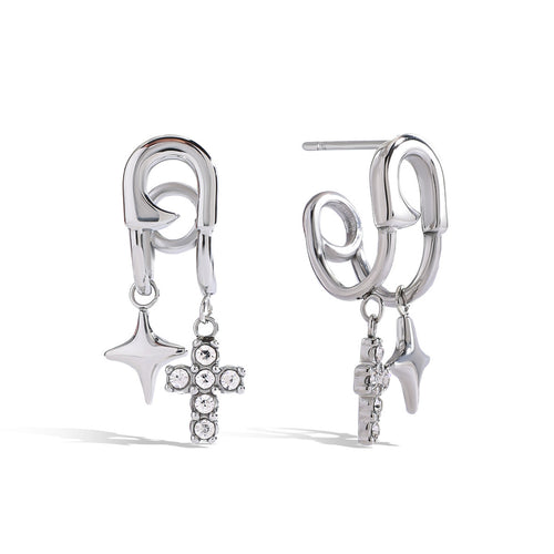 Stainless steel cross zircon pendant earrings