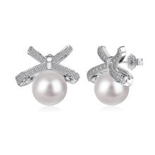 Load image into Gallery viewer, S925 sterling silver bow earrings set with zircon pearl stud earrings