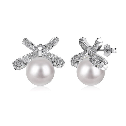 S925 sterling silver bow earrings set with zircon pearl stud earrings