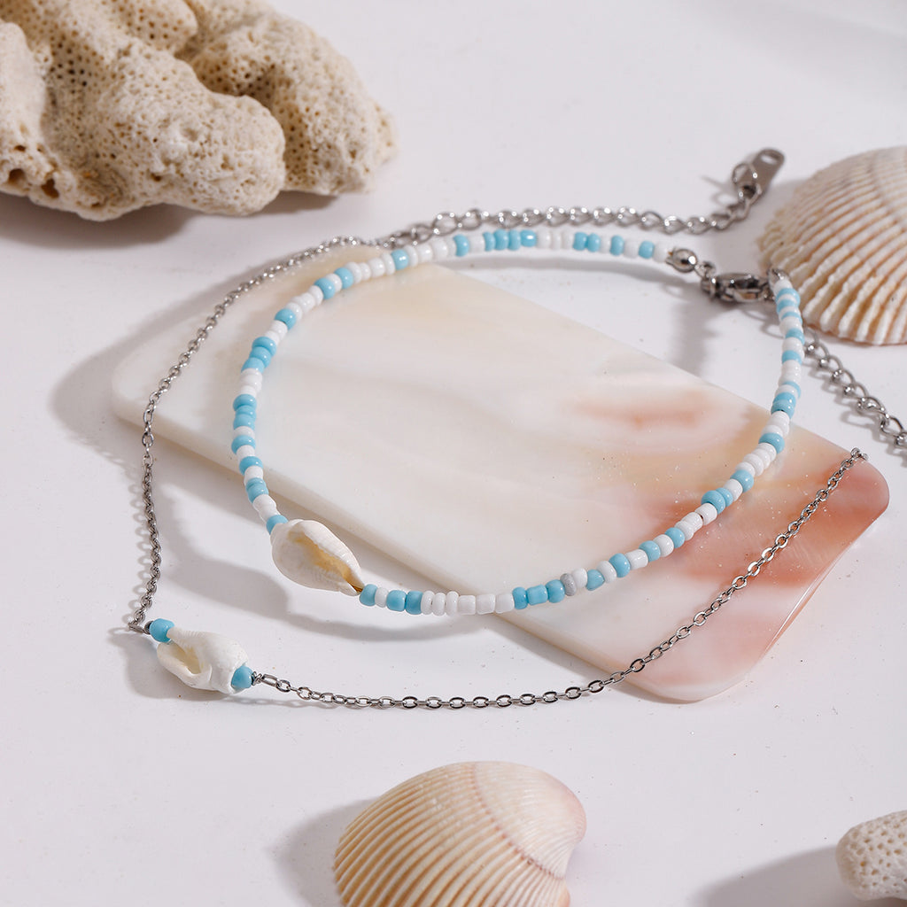 Double-layer rice bead shell anklets